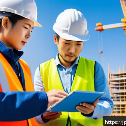 건축산업기사와 현장 실습의 중요성 - A Japanese construction site scene featuring a diverse team of skilled workers including architects,...