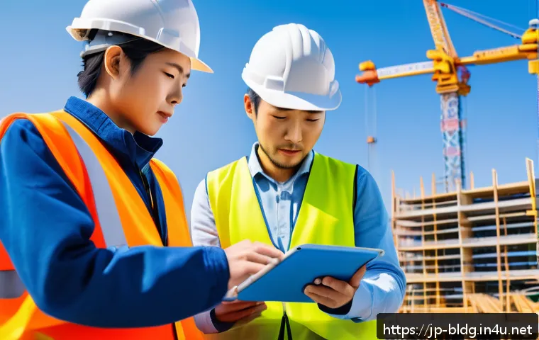 건축산업기사와 현장 실습의 중요성 - A Japanese construction site scene featuring a diverse team of skilled workers including architects,...