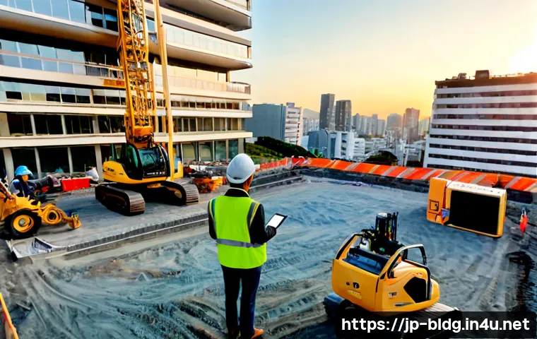 건축산업분야 최신 기술 트렌드 - Photorealistic smart construction site in Japan at sunrise, autonomous excavator and compact robotic...