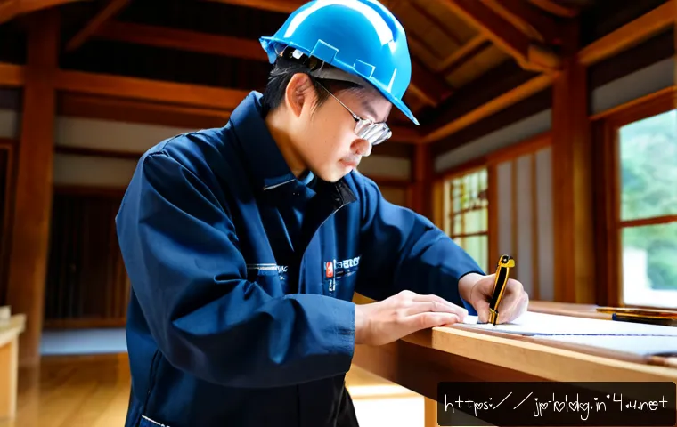건축산업기사와 전통 건축물 설계 - Photorealistic architectural scene of a Japanese construction engineer in clean safety attire studyi...